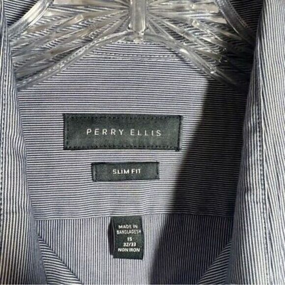 Perry Ellis Slim Fit Mens Pinstripe Button Up Shirt Size 15 Long Sleeve Blue - Picture 2 of 6